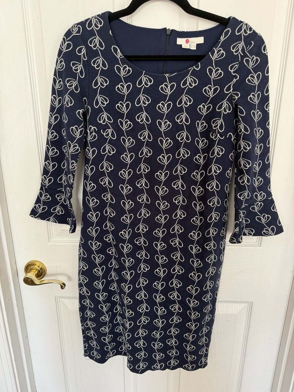 Boden Newlyn Navy Blue Climbing Vine Jacquard Dress with Fluted Sleeves